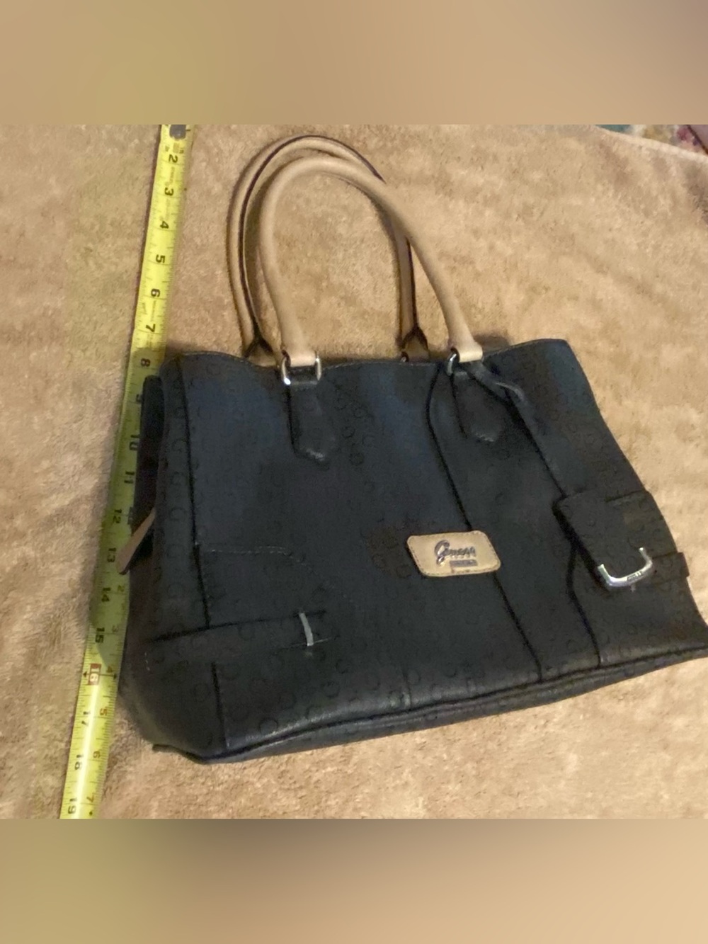 Guess Monogram Satchel Bag Y2K Charcoal Black Beige Top Handle - Picture 6 of 16